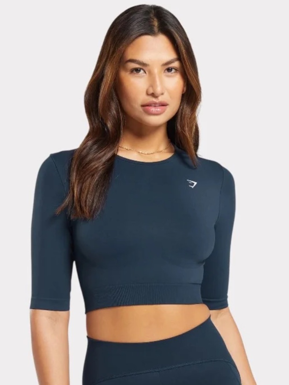 Gymshark Navy Seamless Cropped Elbow-Sleeve Top